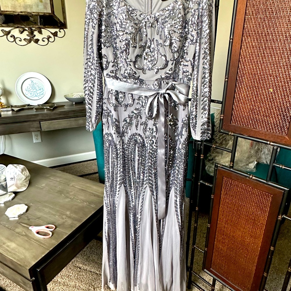 Beautiful RM Richards maxi dress gray with silver sequins. Sz 10